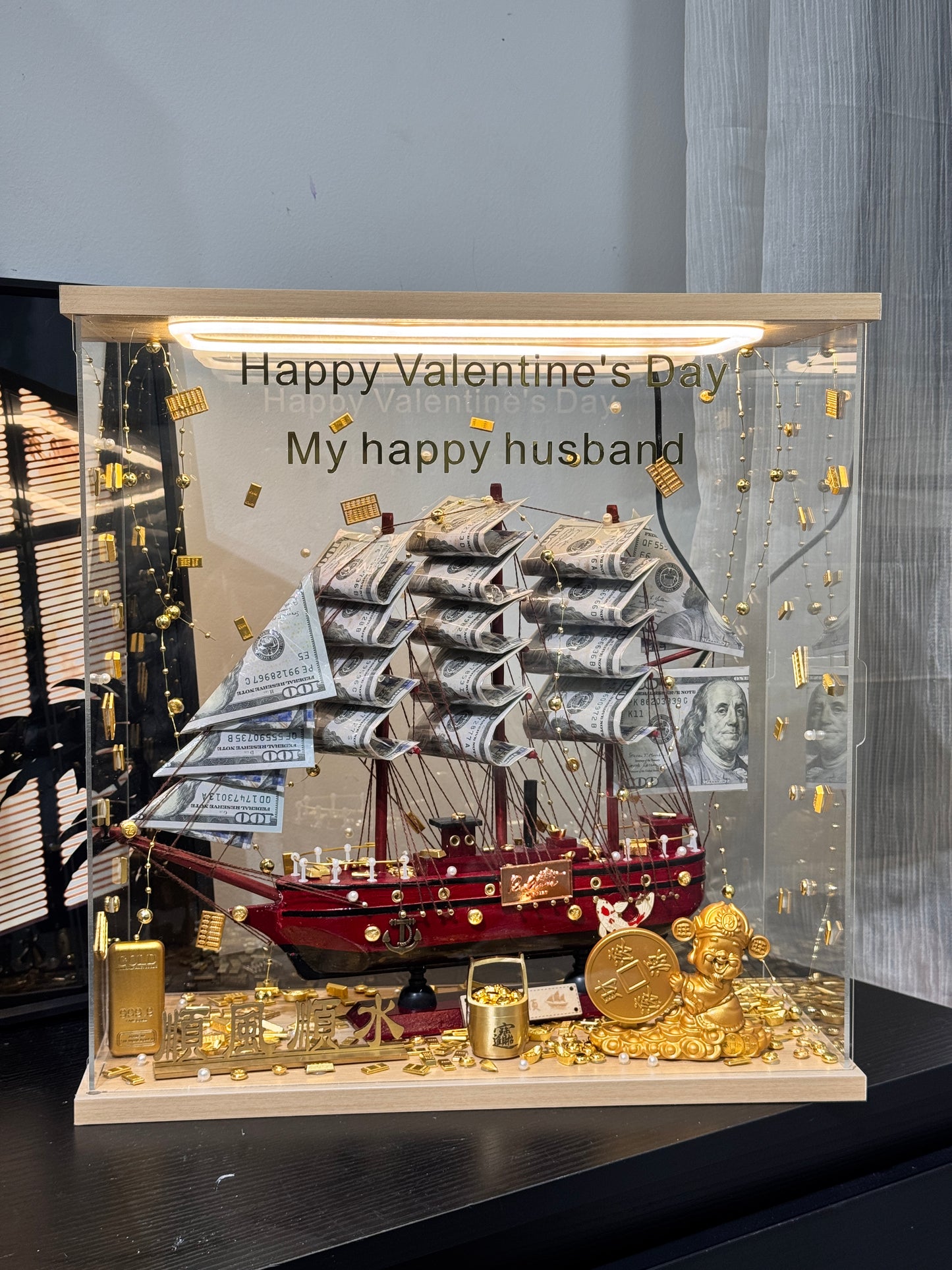 🎁燈箱款 帆船永生花鈔票禮盒|外幣