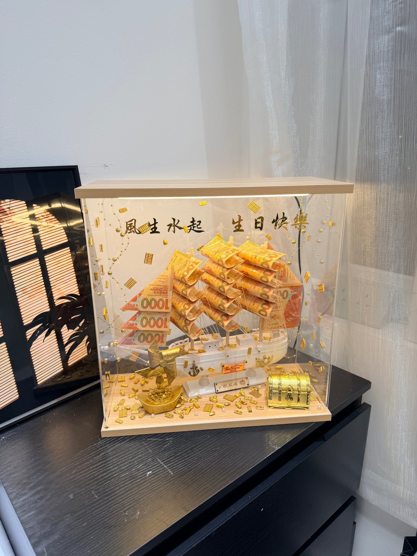 🎁燈箱款 帆船永生花鈔票禮盒|大Size 白色船