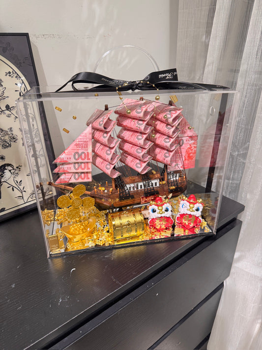 🎁 帆船永生花鈔票禮盒｜發財獅子$$100 啡色船