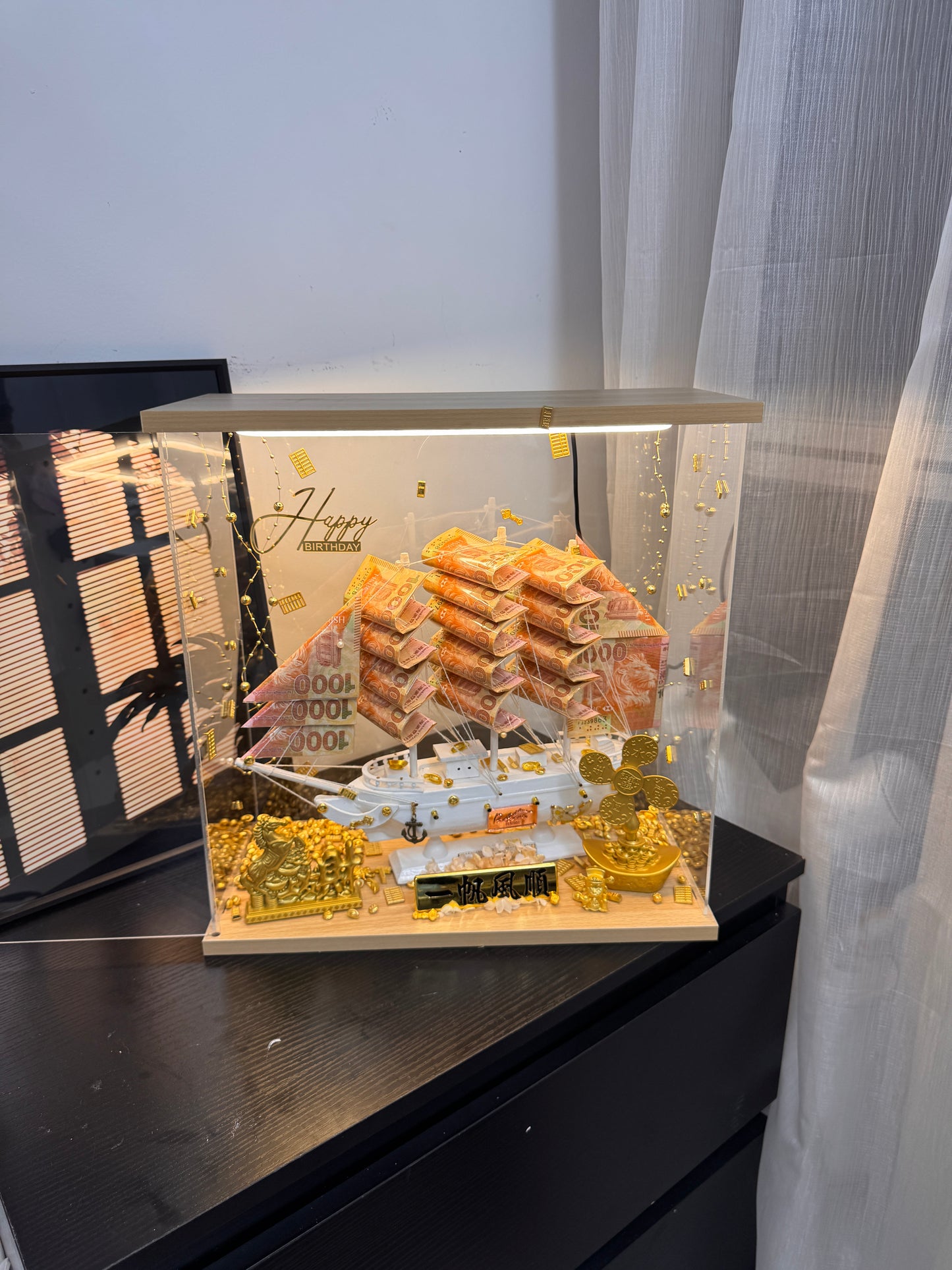 🎁燈箱款 帆船永生花鈔票禮盒｜大Size 白色船