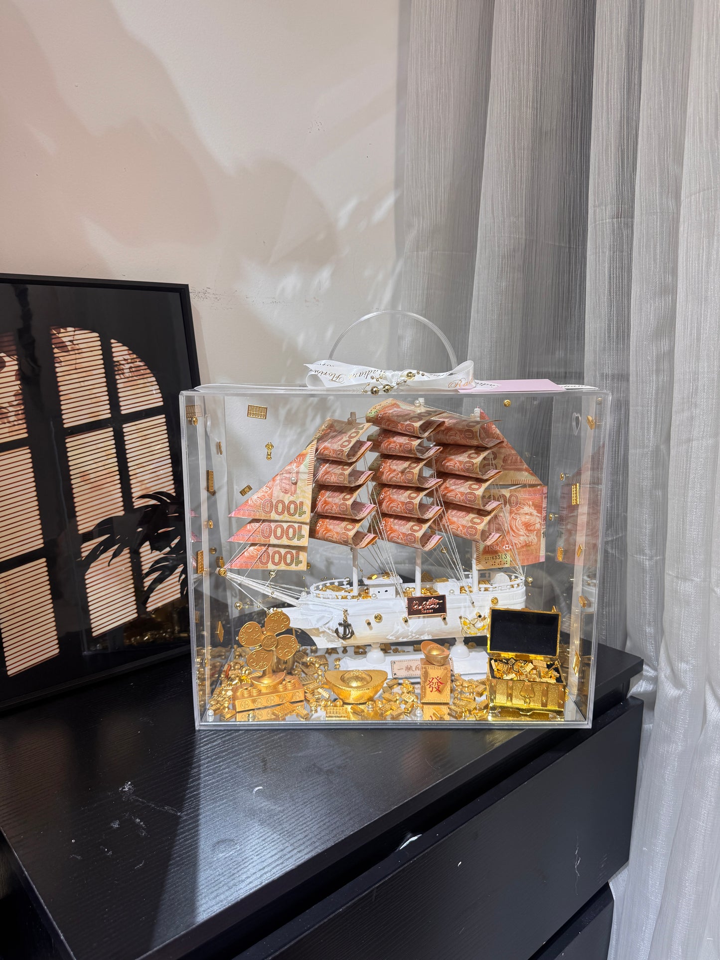 普通款 🎁 帆船永生花鈔票禮盒｜白色船