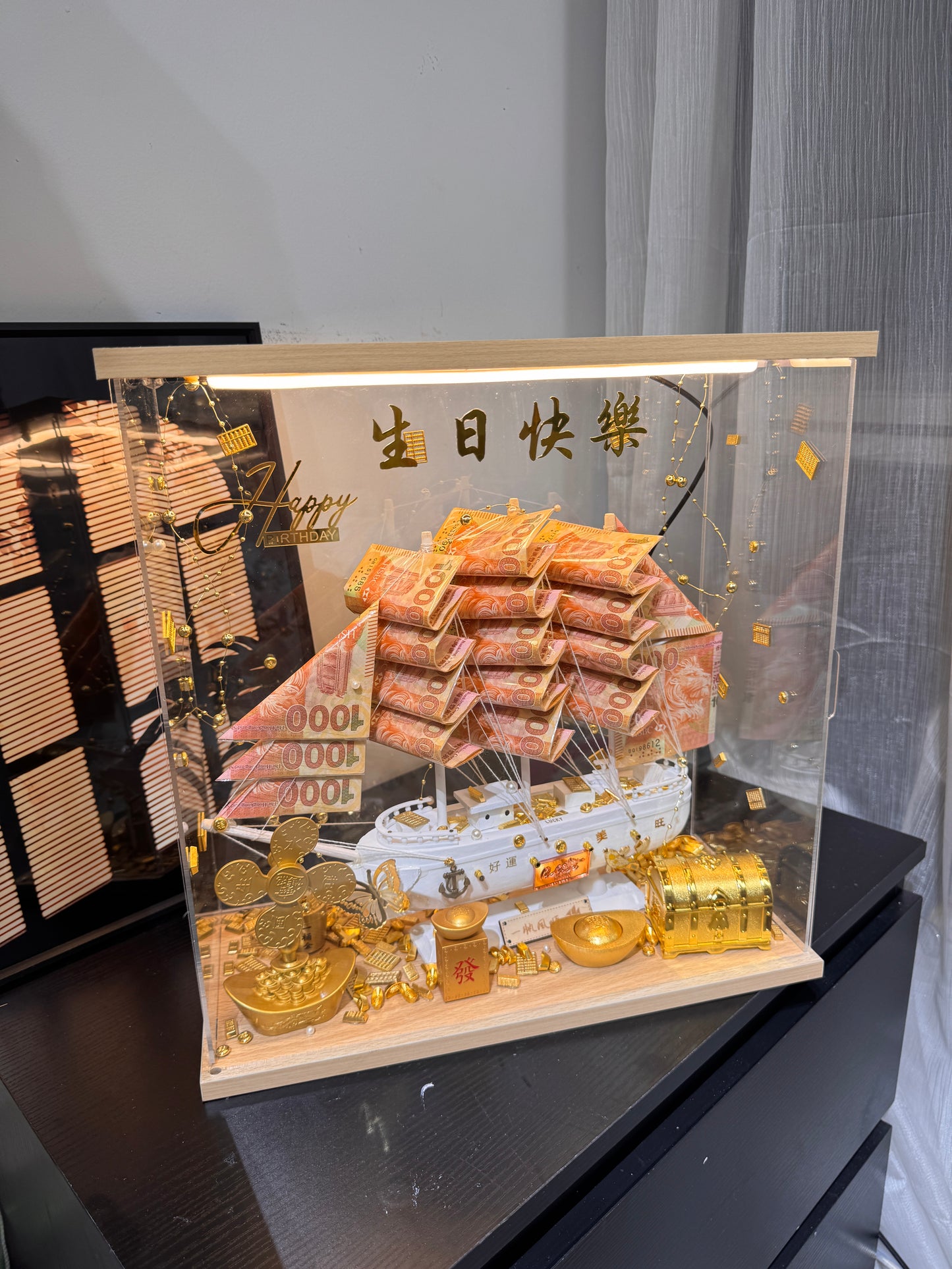 🎁燈箱款 帆船永生花鈔票禮盒｜大Size 白色船