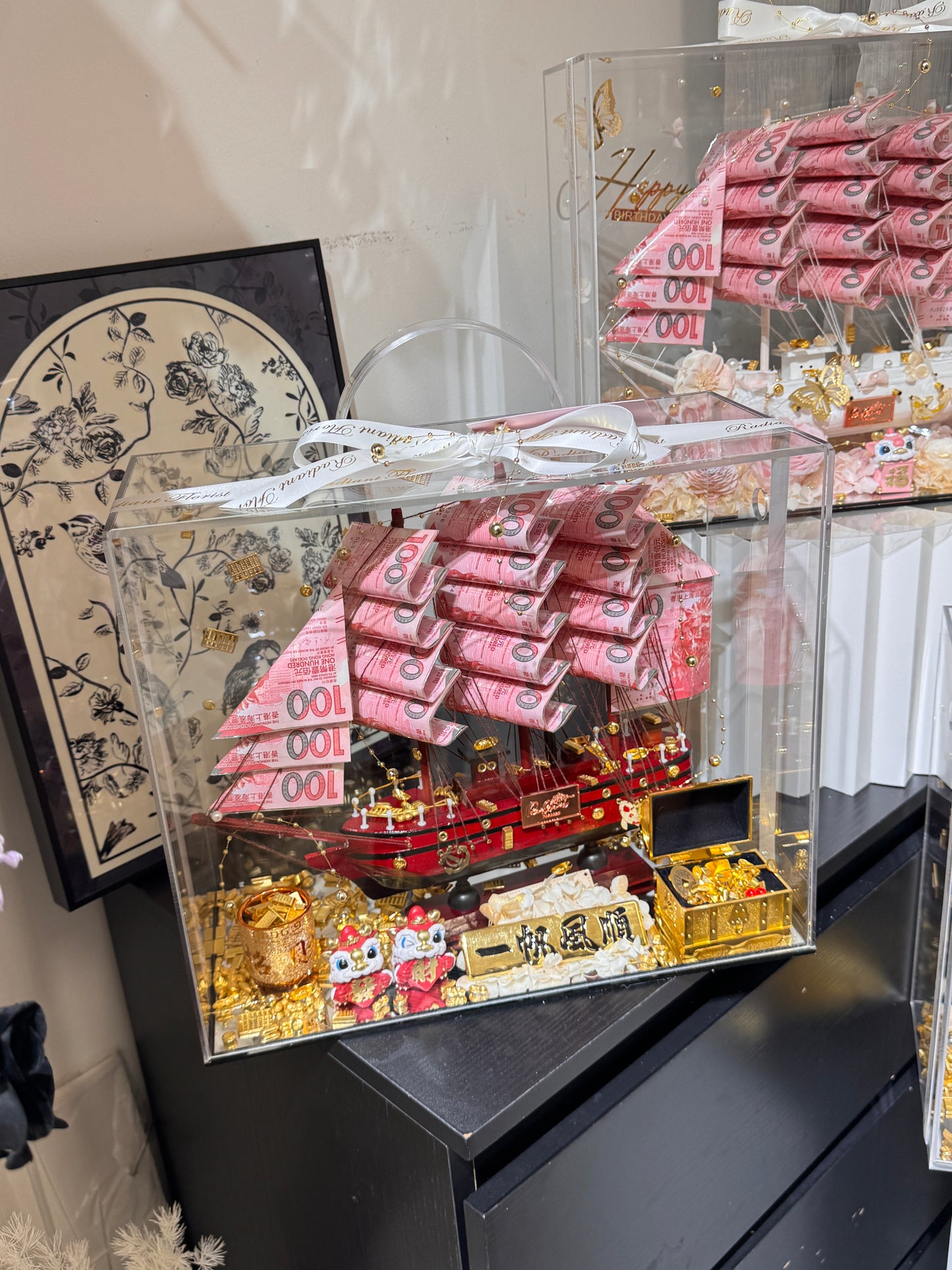 普通款🎁 帆船永生花鈔票禮盒｜紅色船體&一帆風順牌