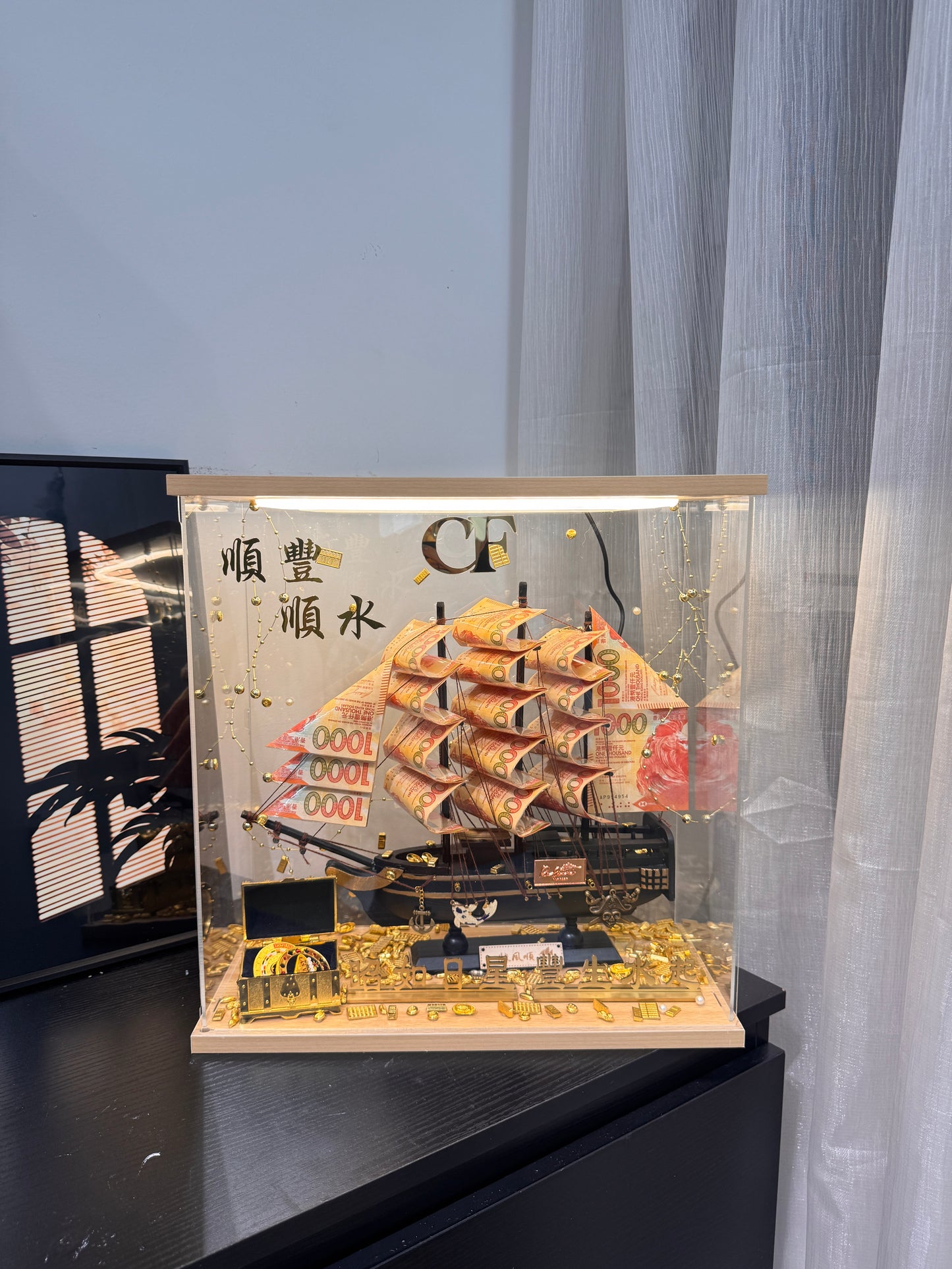 🎁燈箱款 帆船永生花鈔票禮盒｜大Size 黑色船