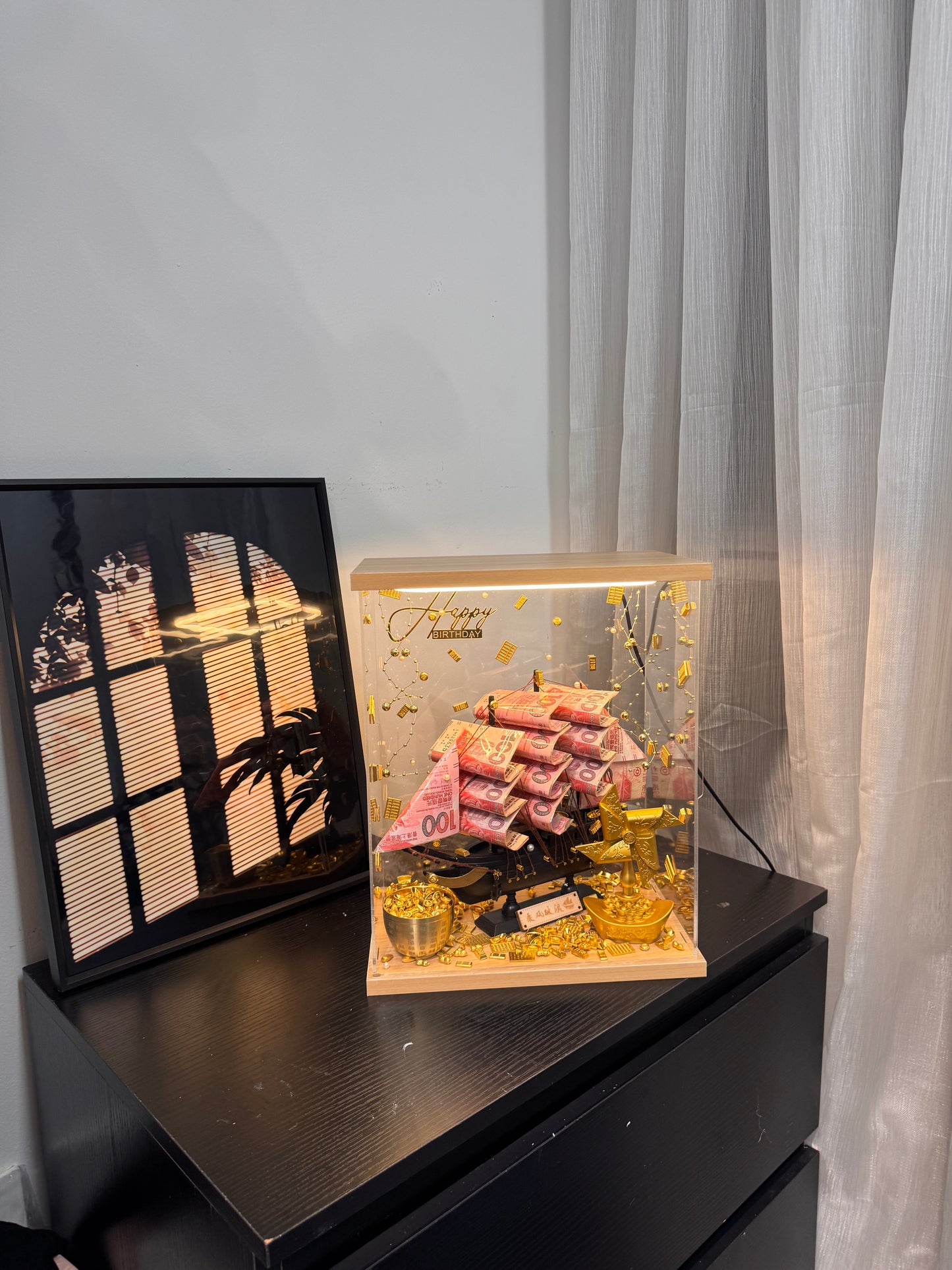 🎁燈箱款 帆船永生花鈔票禮盒｜細size