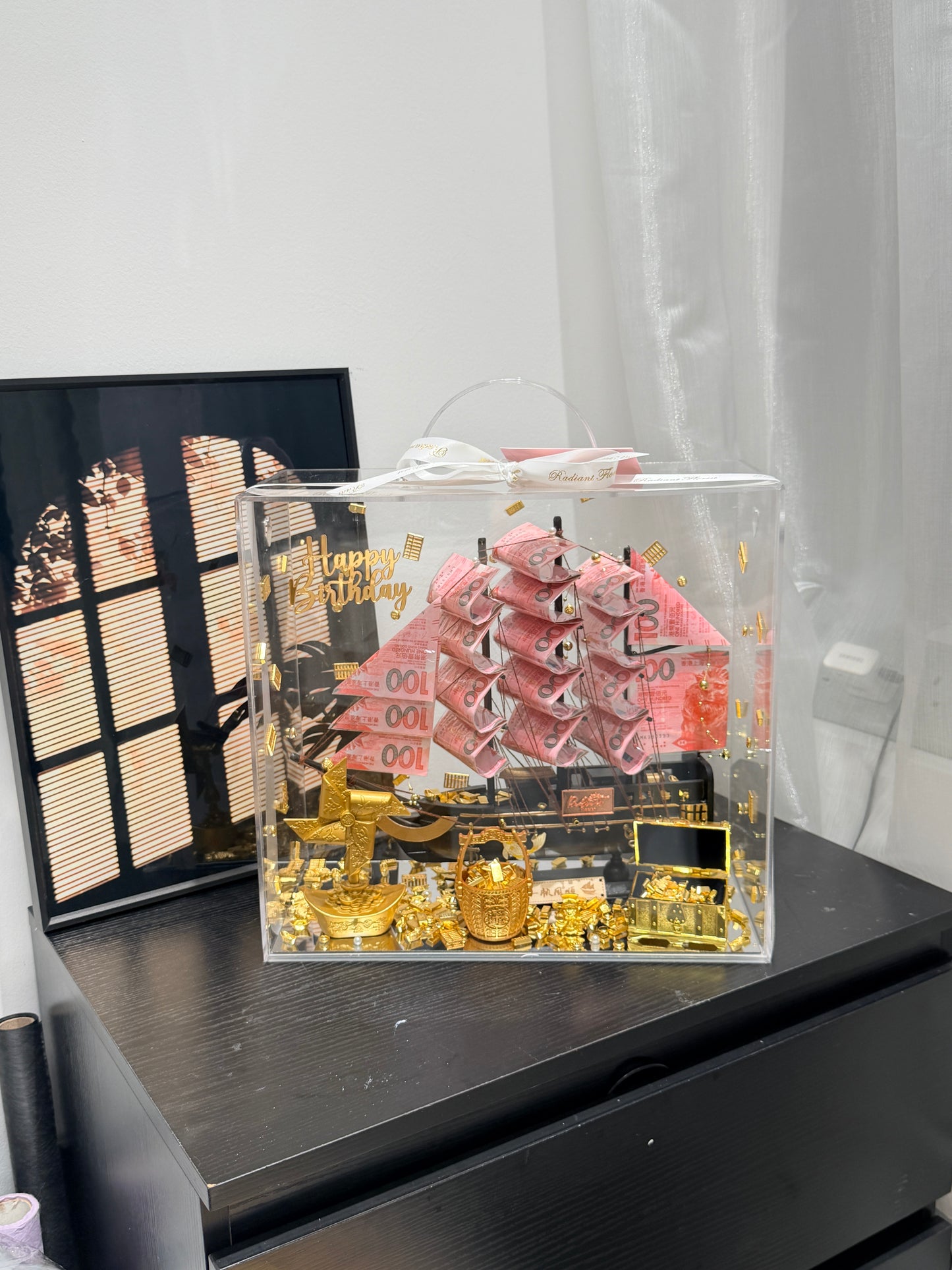 普通款 🎁 帆船永生花鈔票禮盒｜黑色船