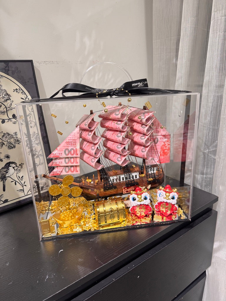 🎁 帆船永生花鈔票禮盒｜發財獅子$$100 啡色船
