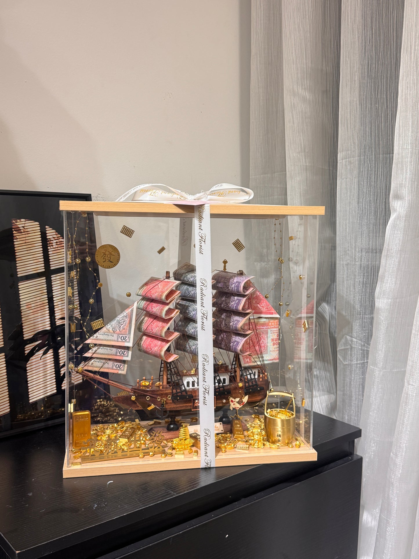 🎁燈箱款 帆船永生花鈔票禮盒｜大Size 深啡色