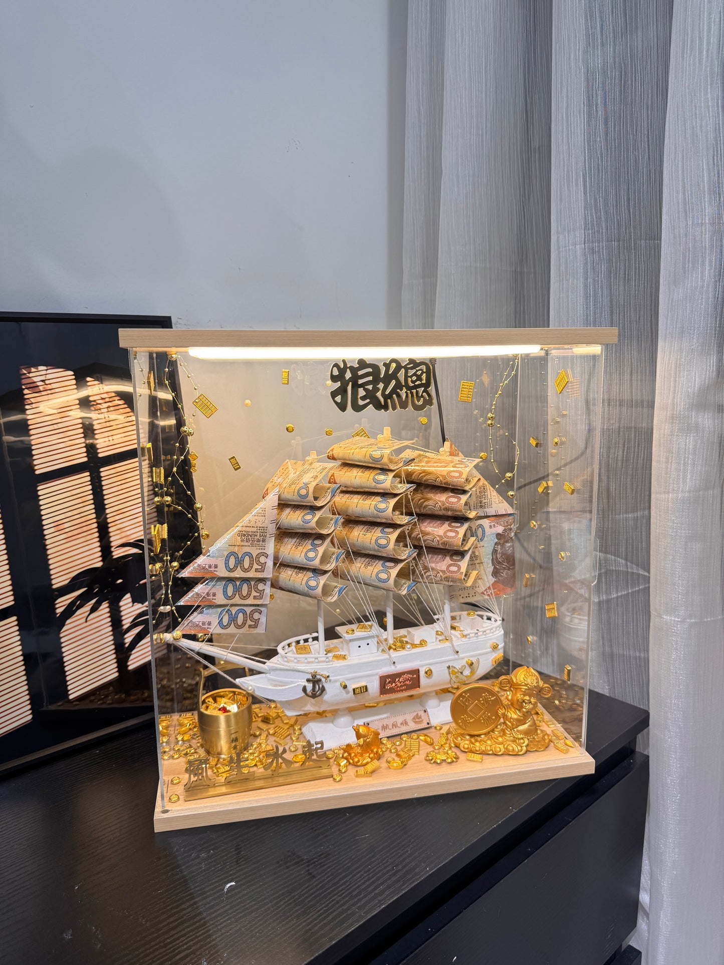 🎁燈箱款 帆船永生花鈔票禮盒｜大Size 白色船