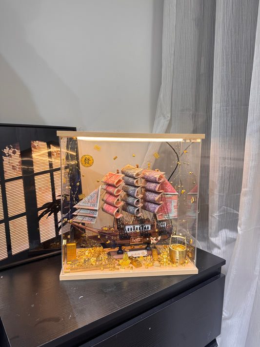 🎁燈箱款 帆船永生花鈔票禮盒｜大Size 深啡色