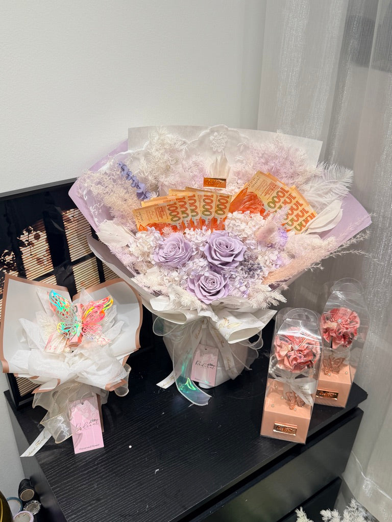 💌扇語傾心系列-鈔票永生花束 紫色系
