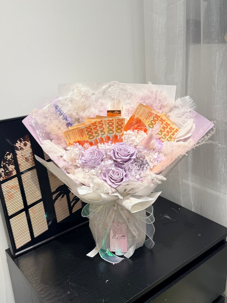 💌扇語傾心系列-鈔票永生花束 紫色系