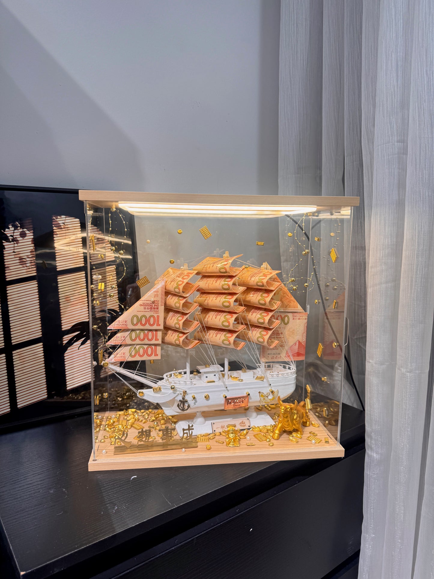 🎁燈箱款 帆船永生花鈔票禮盒｜大Size 白色船