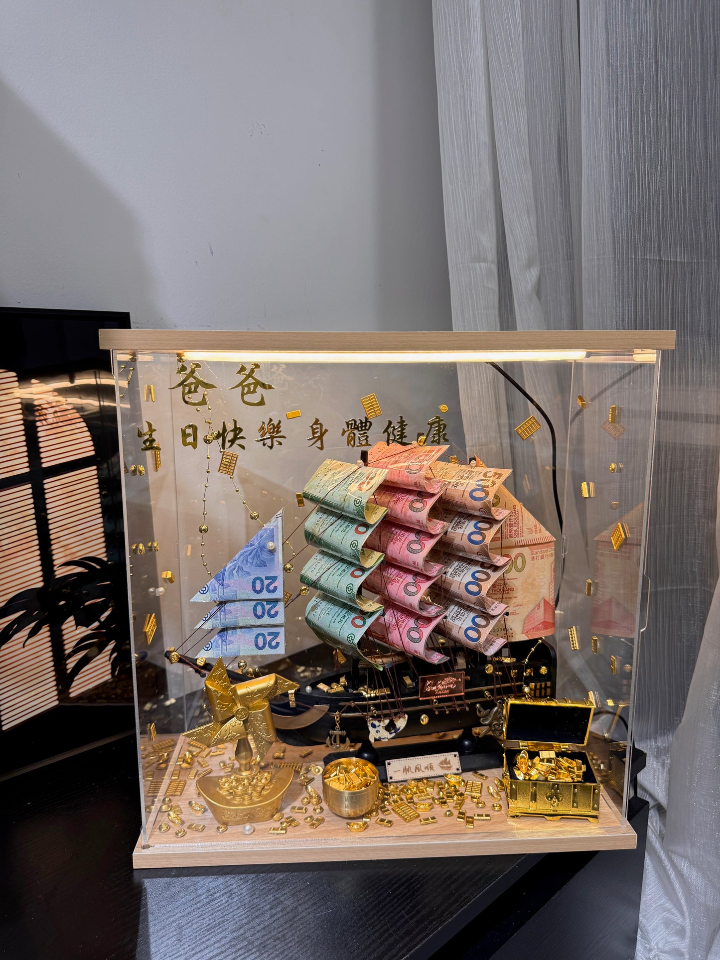 🎁燈箱款 帆船永生花鈔票禮盒｜大Size 黑色船