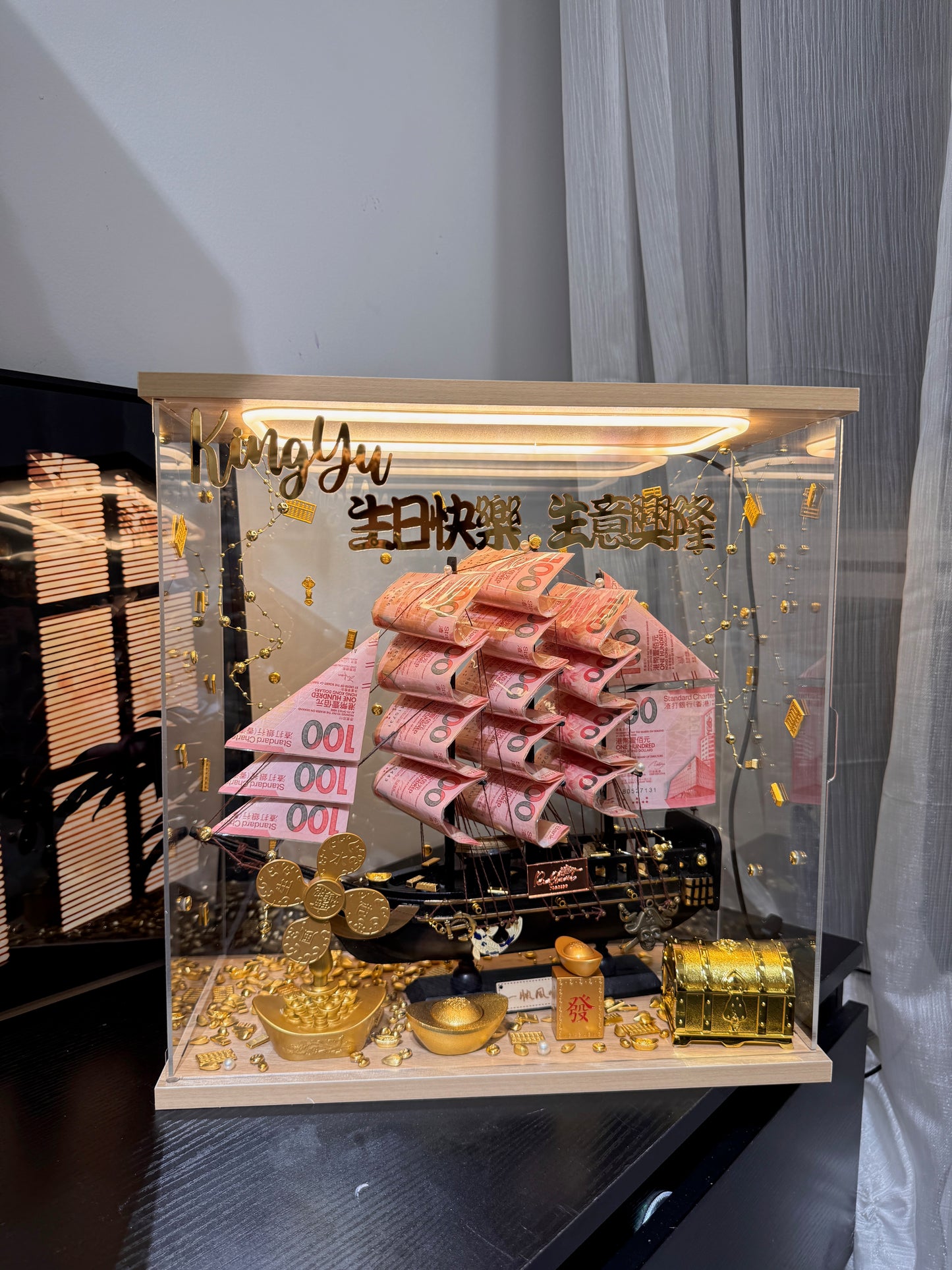 🎁燈箱款 帆船永生花鈔票禮盒｜大Size 黑色船