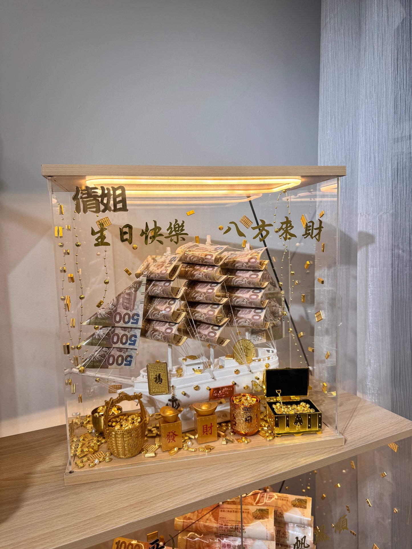 🎁燈箱款 帆船永生花鈔票禮盒｜大Size 白色船